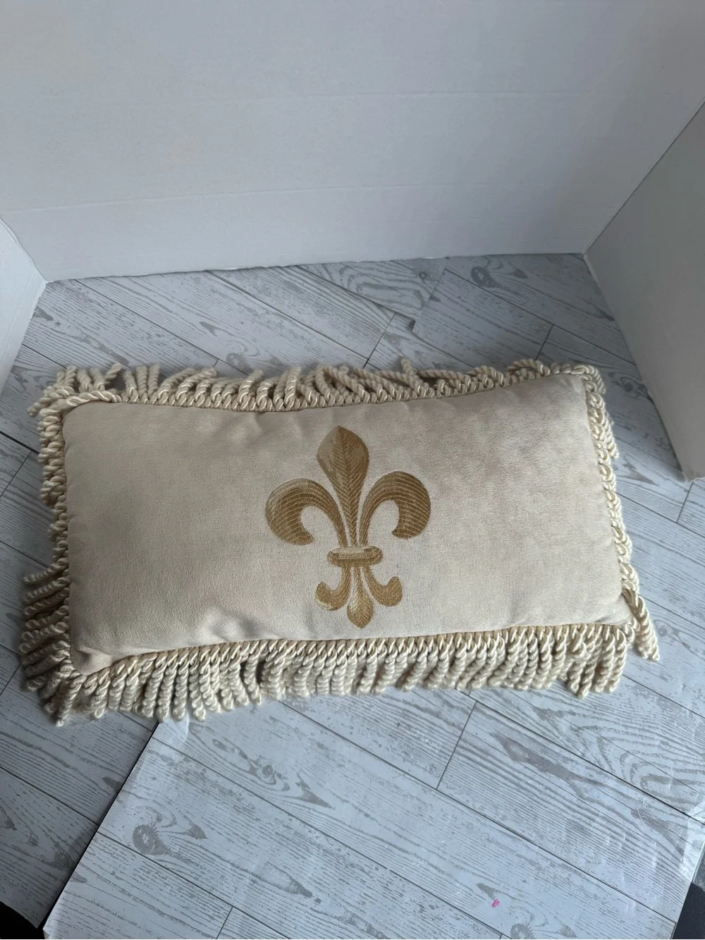 Cream Fleur-de-Lis Decorative Throw Pillow with Fringe
